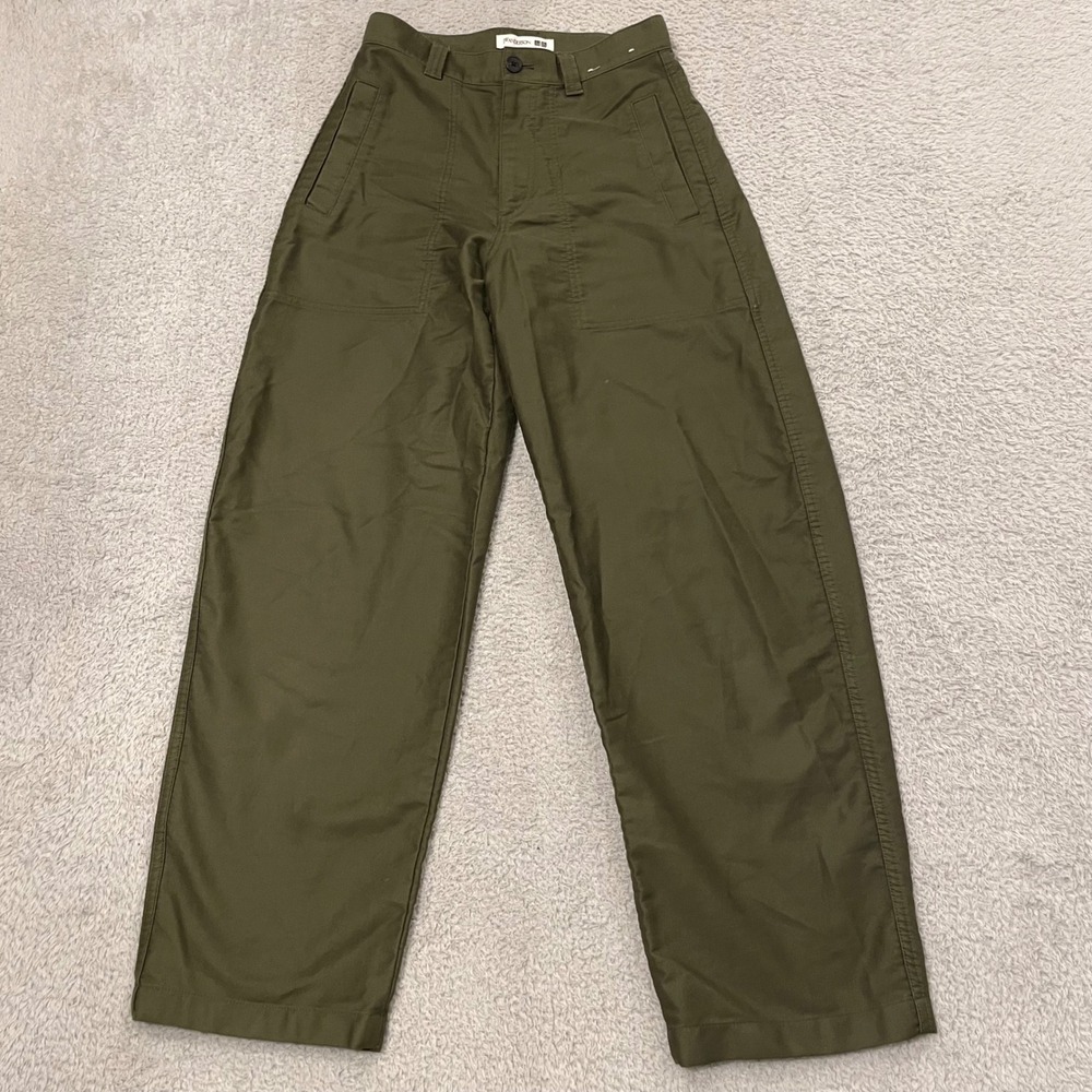 Uniqlo x JW Anderson Curved Pants Women 0 Olive Green Barrel Wide Leg 471630